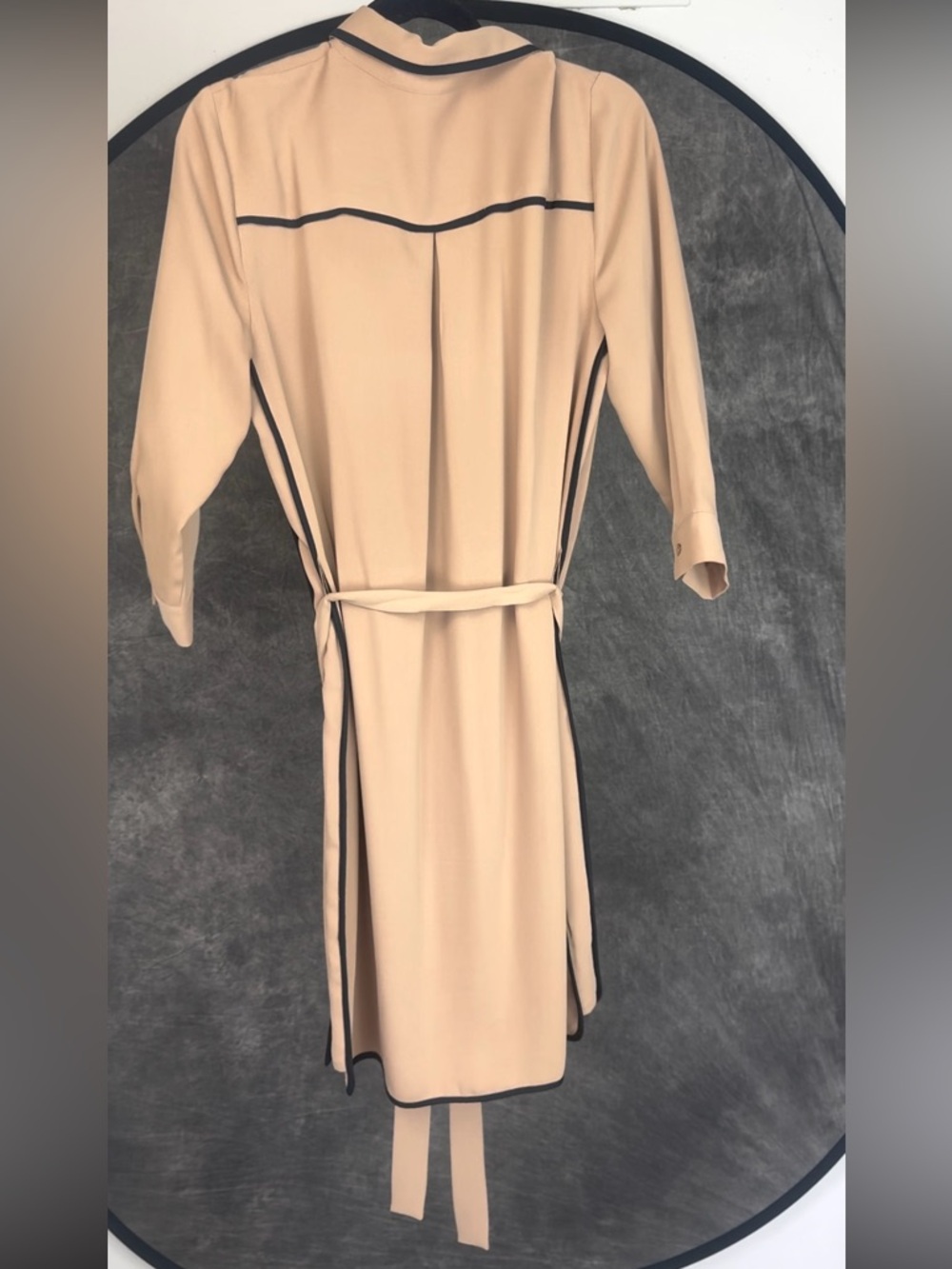 Ann Taylor Shirt Dress Khaki Black Trim Belted Midi L 3/4 Sleeve Button Front - Picture 4 of 5